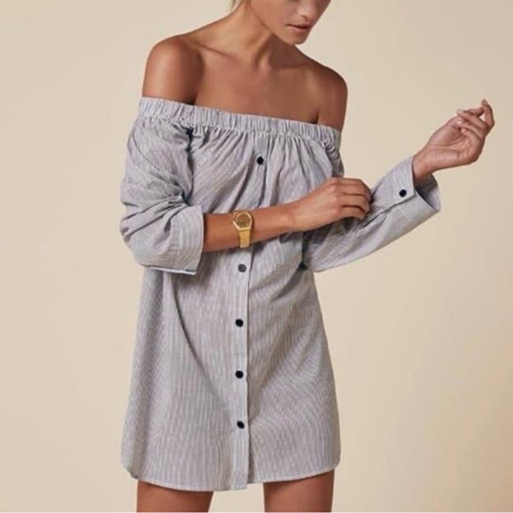 Reformation Womens Stripe Off Shoulder Banker Dress XS White Stripe Extra Small